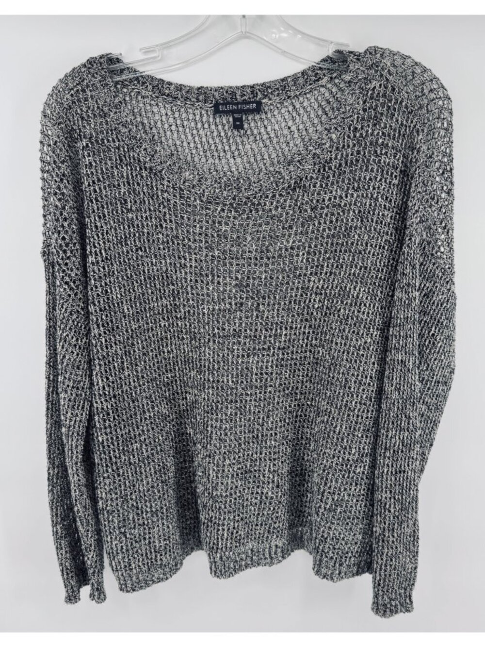 Eileen Fisher Black Beige Open Knit Linen Wool Sweater Size M Medium Lagenlook